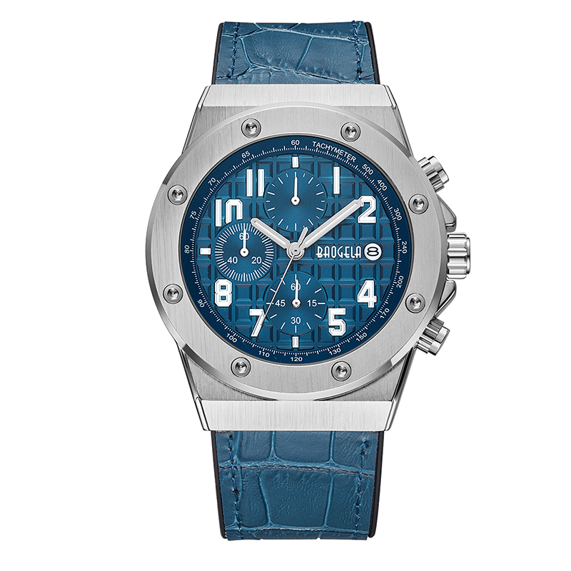 Baogela Men\'s Chronograph Quartz Watches 2022 Ny vattentät sport Casual Wrist Watch Man Leather Strap Clock 1805 Blue