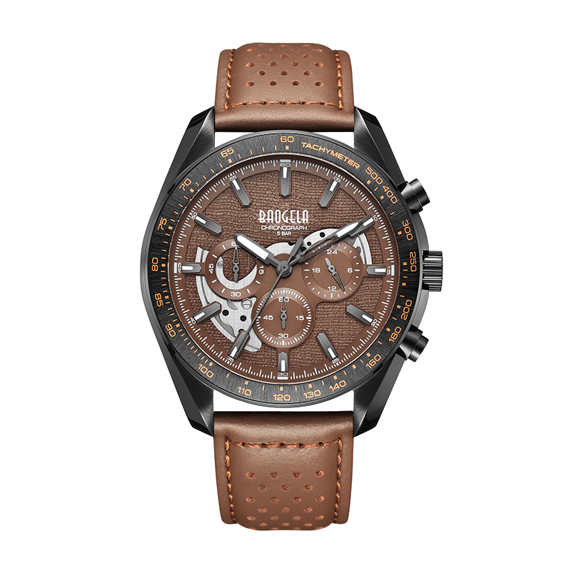 Baogela Nya lyx Men Sport Quartz Male Chronograph Calender Japan Movement 50bar Top Brand Clock äkta läder Arvur 22804